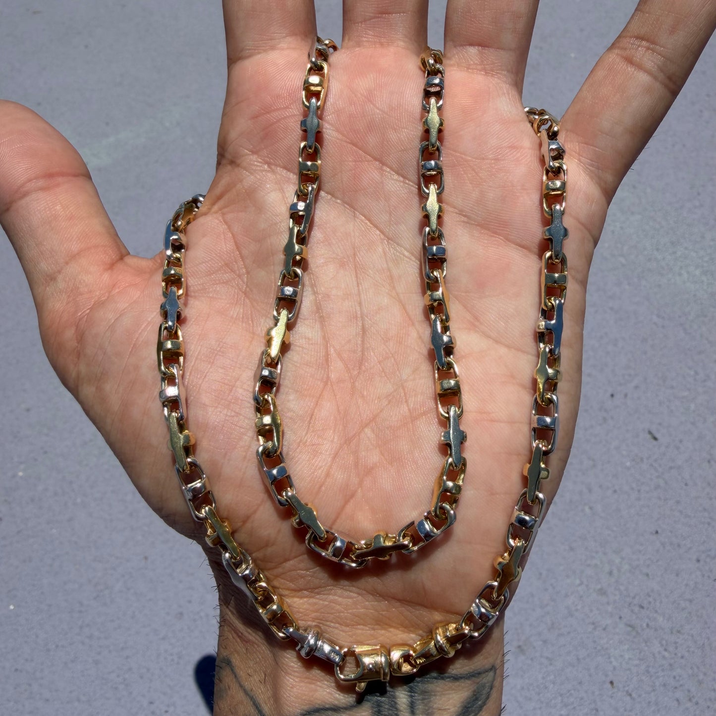 1980’s Solid 14k Two-Tone Yellow & White Gold Fancy Chaine D’ Ancre Mariner Link Necklace (22.5”)