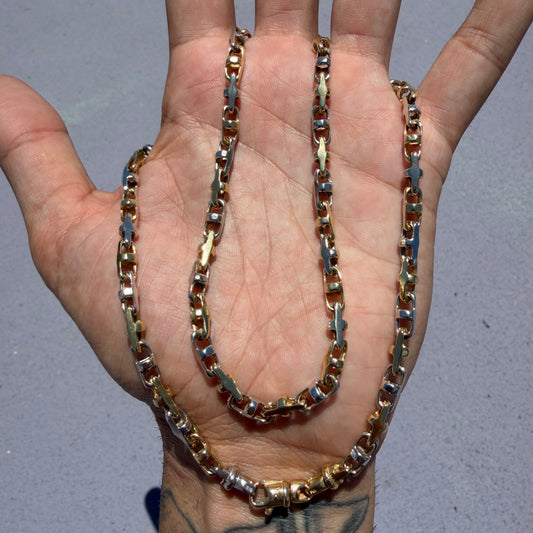 1980’s Solid 14k Two-Tone Yellow & White Gold Fancy Chaine D’ Ancre Mariner Link Necklace (22.5”)
