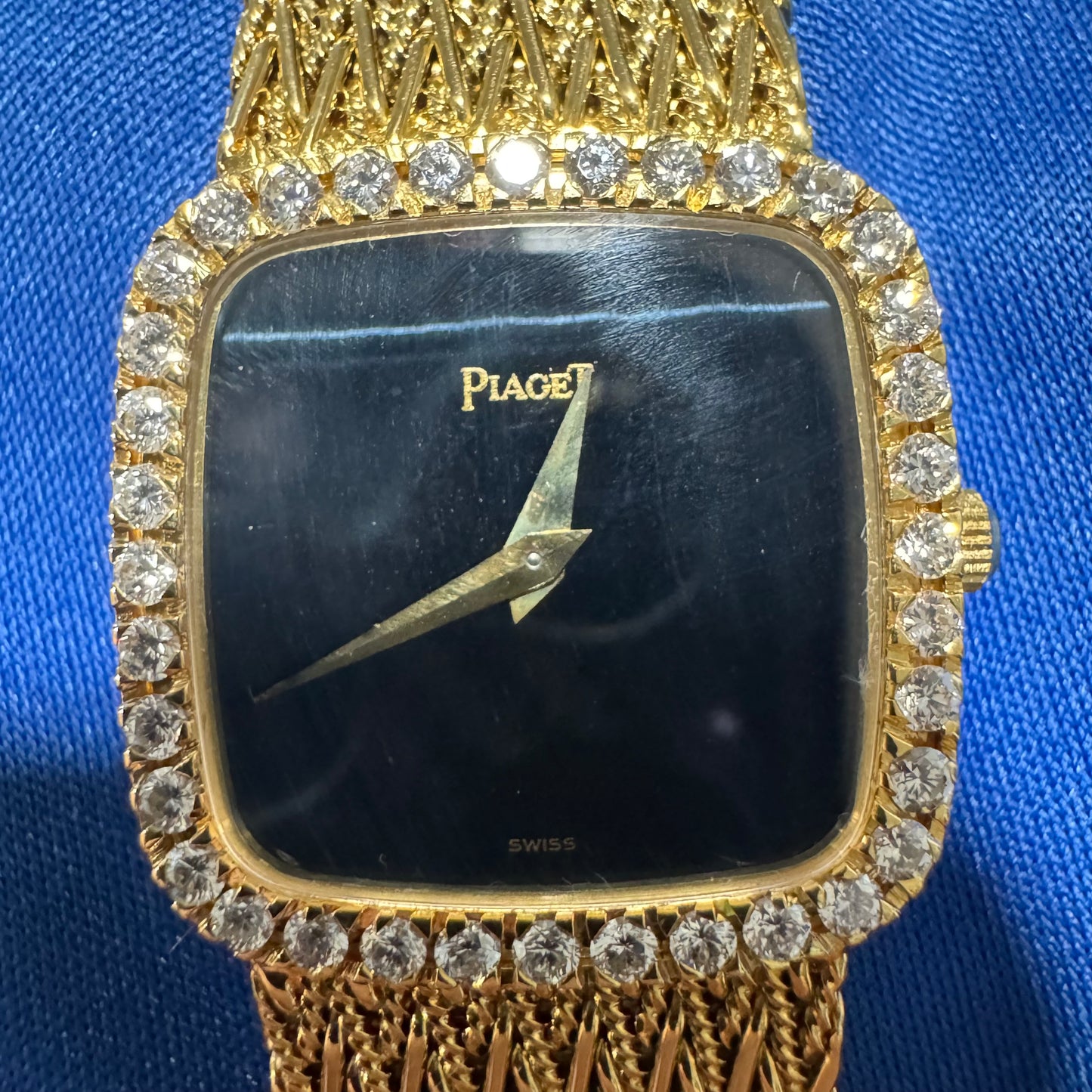 Late 1970’s/Early 1980’s Piaget Solid 18k Yellow Gold Factory Diamond Bezel Falcons Eye Stone Dial 9908 D11 Watch (7.5”)