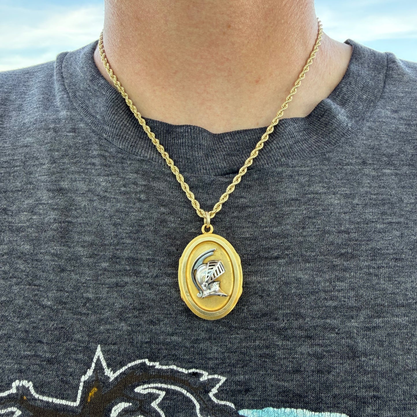 Victorian Solid 18k Yellow Gold/Platinum Large Medieval Burgonet Helmet Locket Pendant