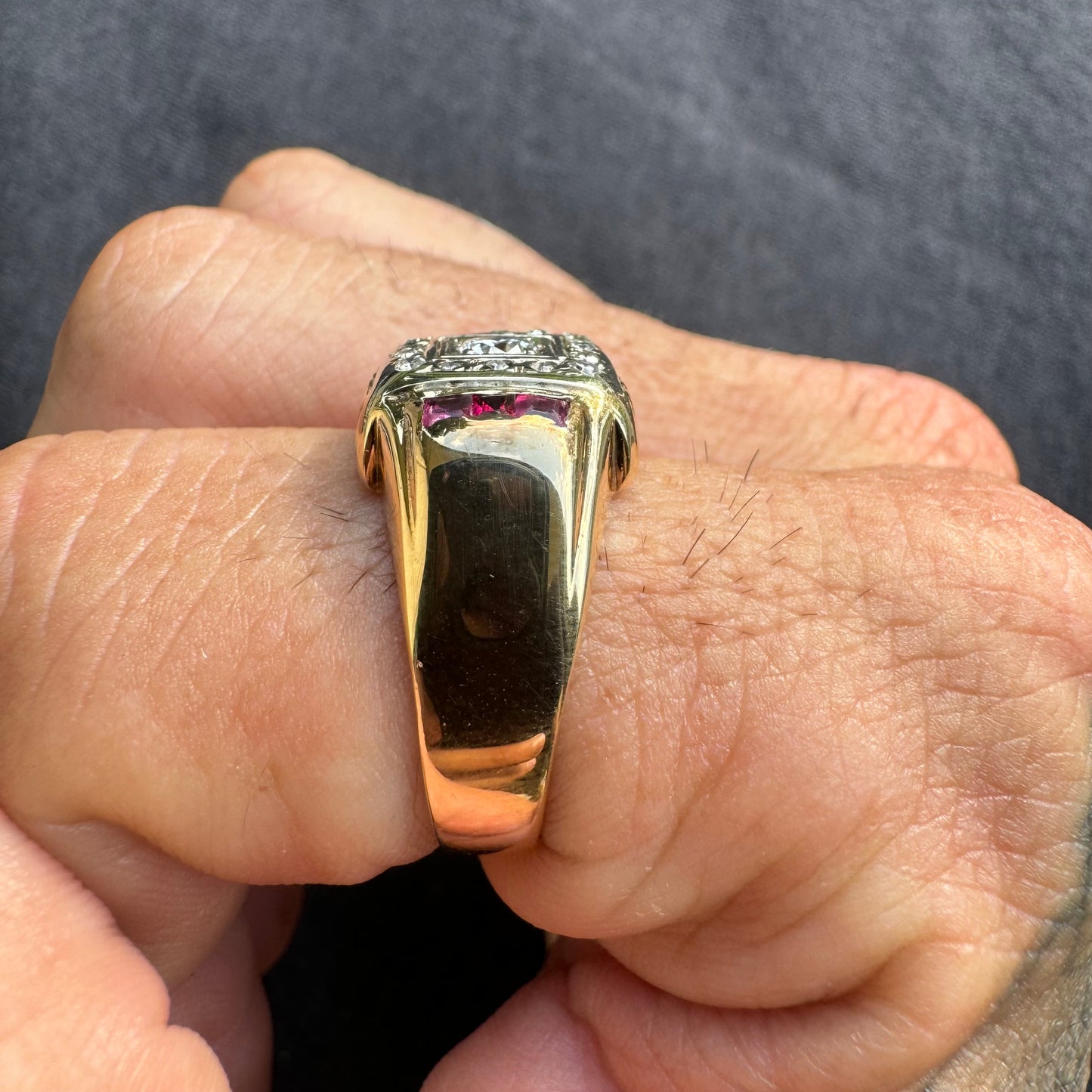 Mid Century Natural VS Quality Diamond And Ruby Mafioso Gents Ring (10.5)