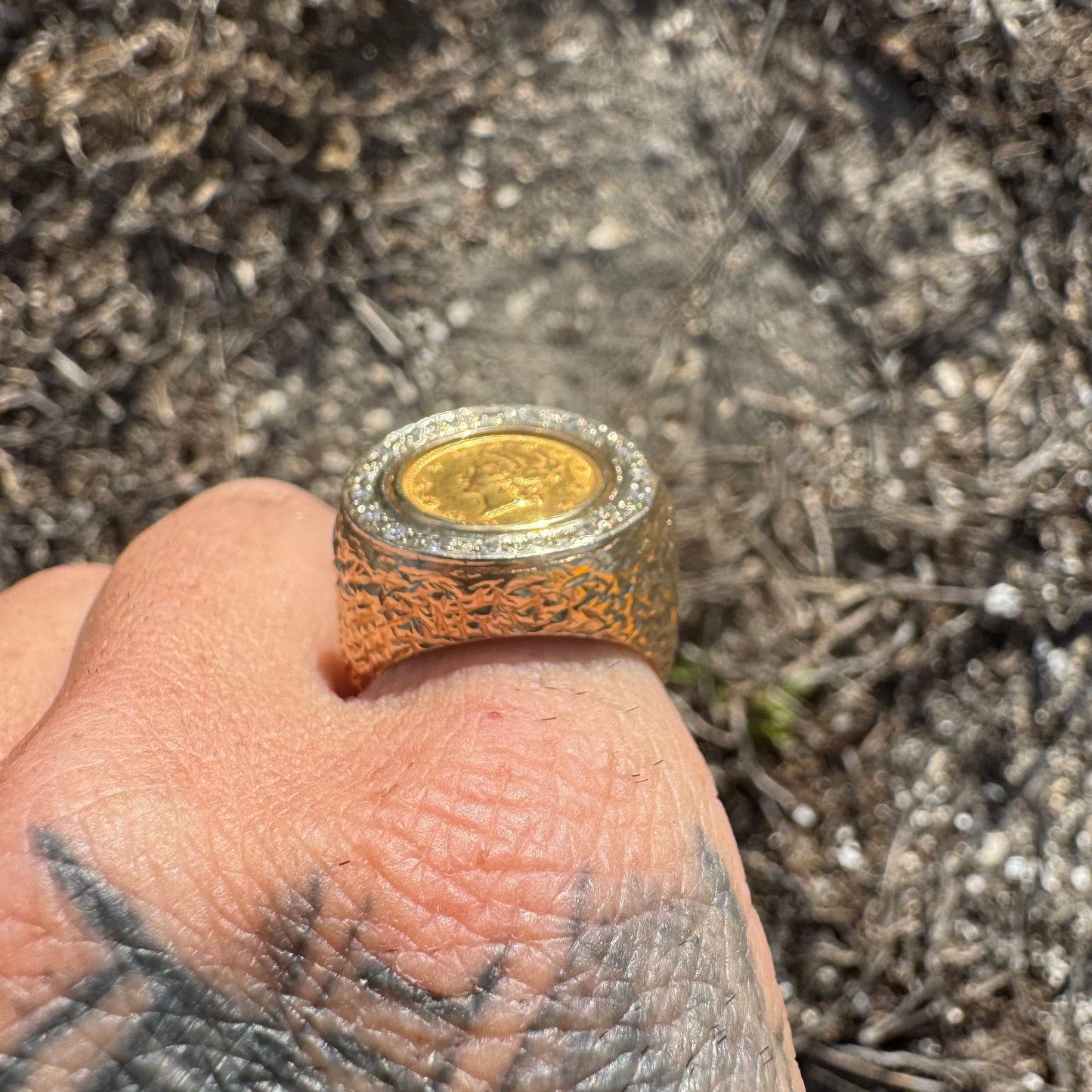 1853 $1 Gold Liberty Coin (22k) Solid 14k Yellow Gold Natural Diamond Halo Nugget Ring (7)