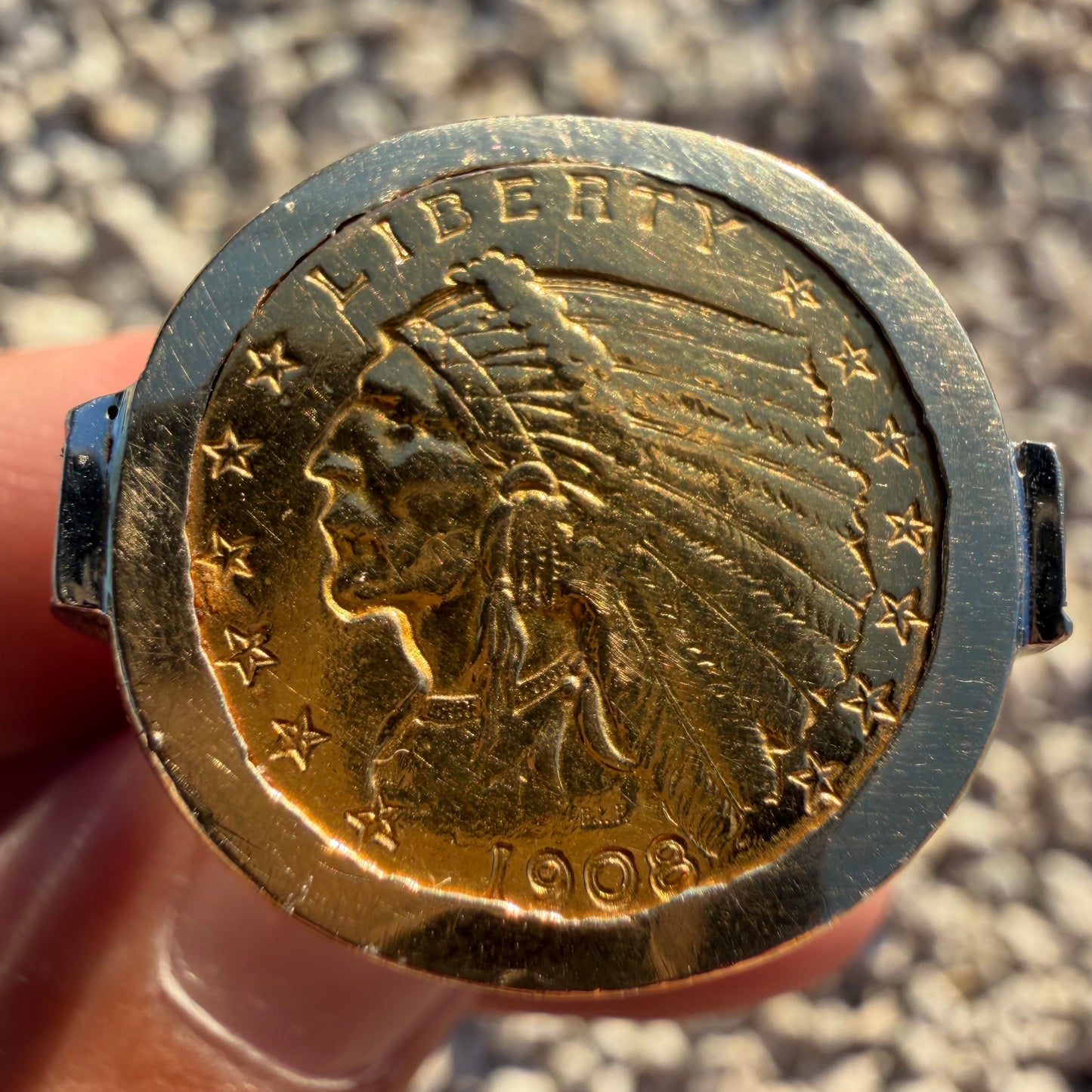 Vintage Solid 14k Yellow Gold Natural Diamond 1908 Indian Head $2.50 Coin Ring (12)