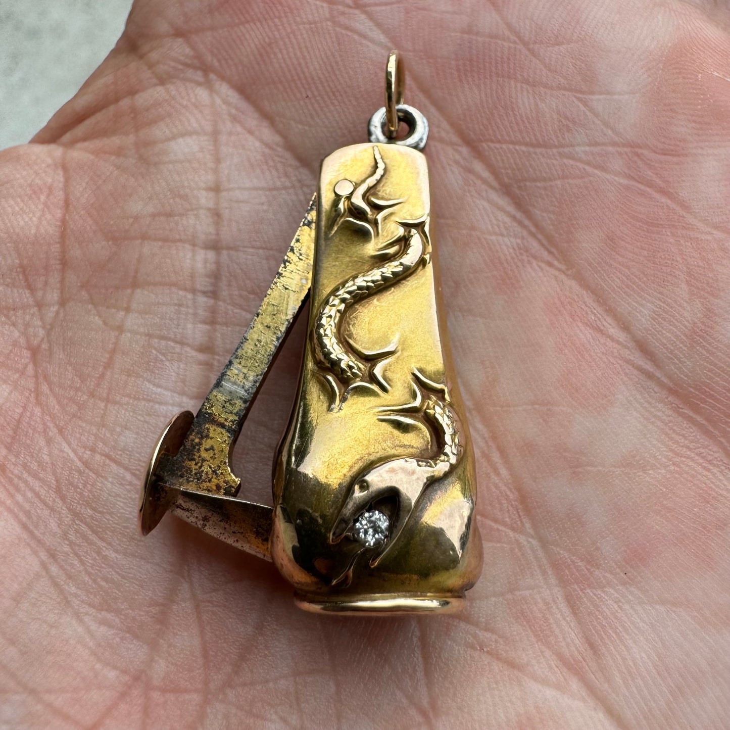 Circa 1910’s Art Nouveau 10k Gold Snake Cigar Cutter Fob Pendant