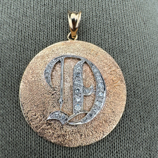 Vintage Solid 14k Gold Natural Diamond Endrusted Old English “D” Pendant