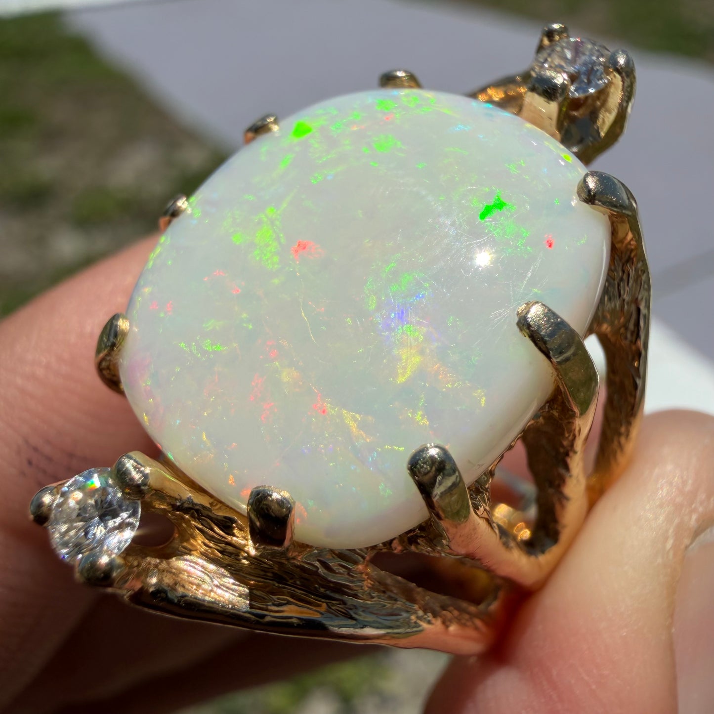 Vintage Artisan Crafted Solid 14k Yellow Gold Natural White Opal And Diamond Brutalist Ring (8)