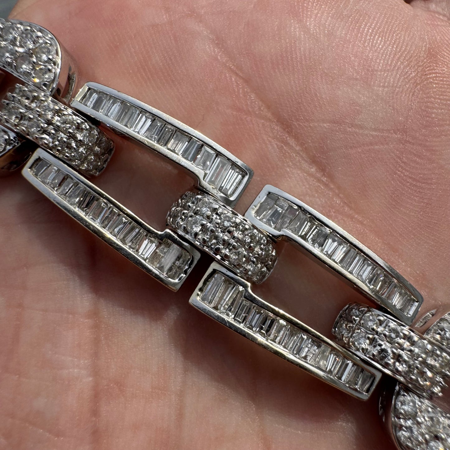Art Deco Solid 18k White Gold Heavyweight 12.5ctw Natural Diamond Bracelet (8”)