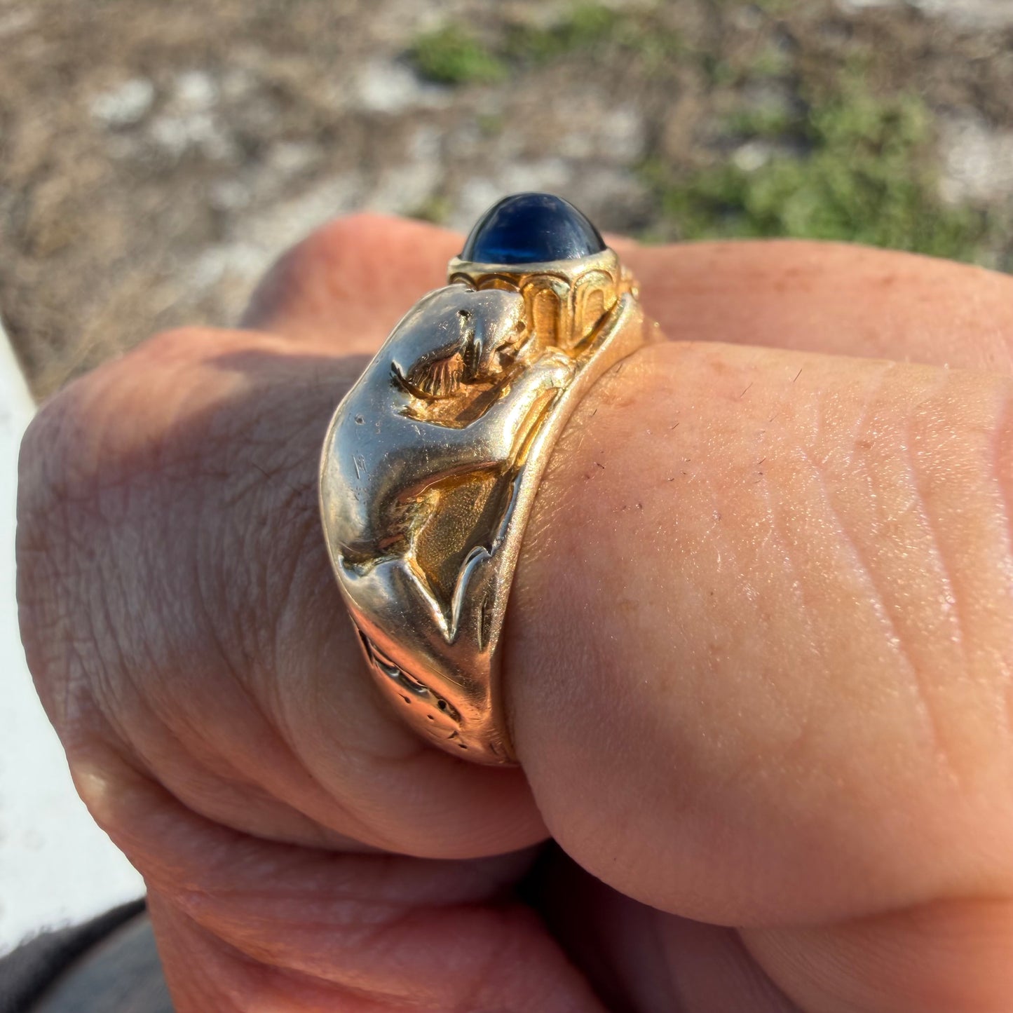 Art Nouveau Solid 14k Yellow Gold Sugar Loaf Sapphire Double Lion Ring (8.5)