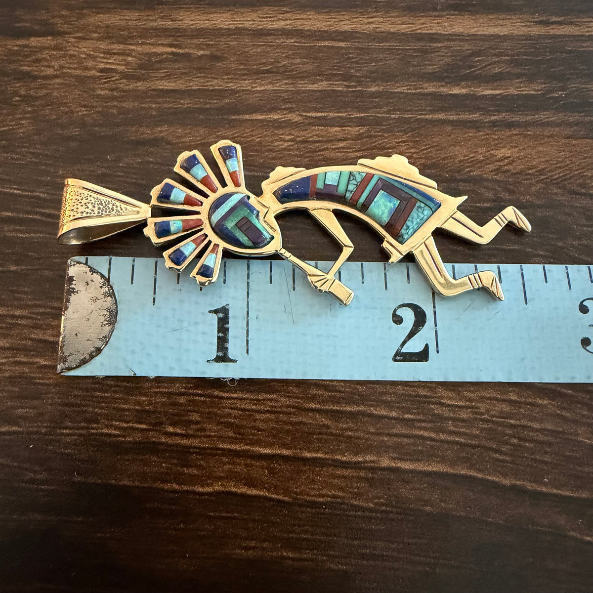 Vintage Native Southwestern Solid 14k Yellow Gold Multi-Stone Inlaid Kokopelli Pendant Signed “R. Nessie”