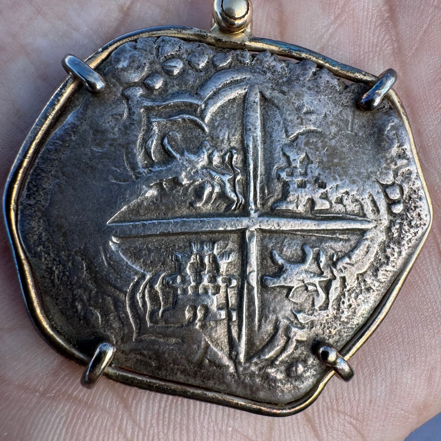 1600’s Philip III Silver 8 Reales Shipwreck Coin 14k Yellow Gold Pendant