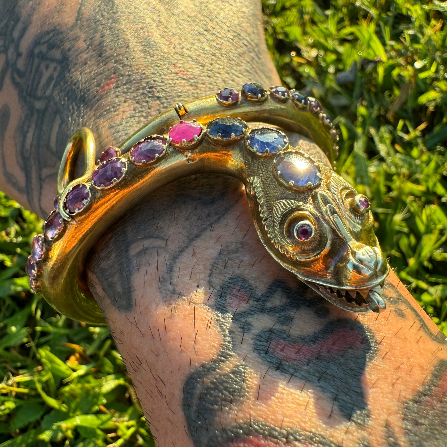 Mid 1800’s 15k Yellow Gold Blue And Pink Sapphire Encrusted Snake Bracelet (6”-7”)