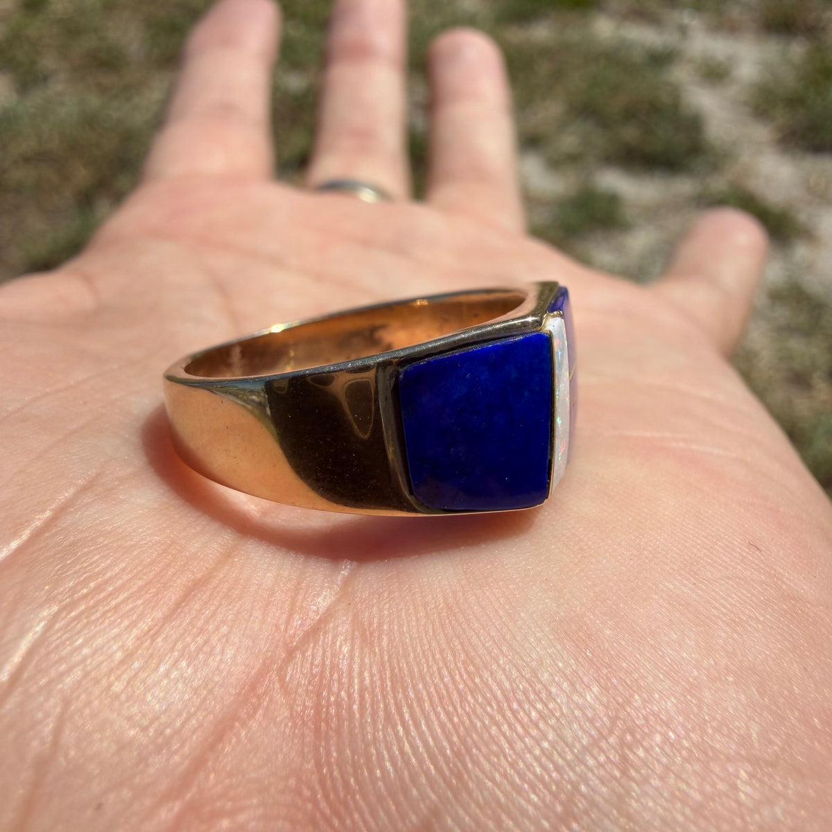 Vintage Solid 14k Yellow Gold Native Southwestern Artist Signed “Gay” Opal And Lapis Inlaid Signet Ring (10.5)