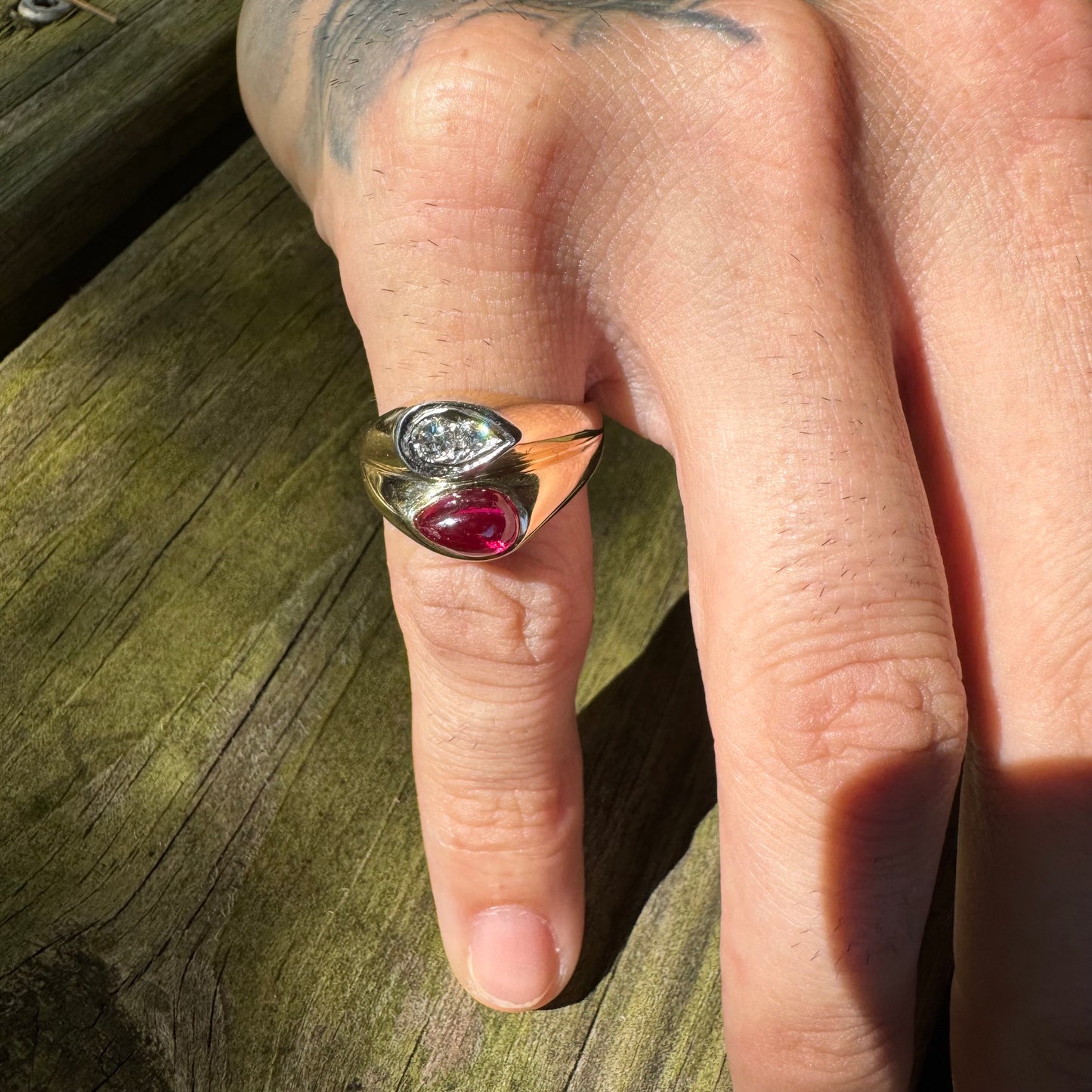Vintage 14k Yellow Gold Tony Soprano Natural Diamond & Rhodolite Garnet Pinky Ring