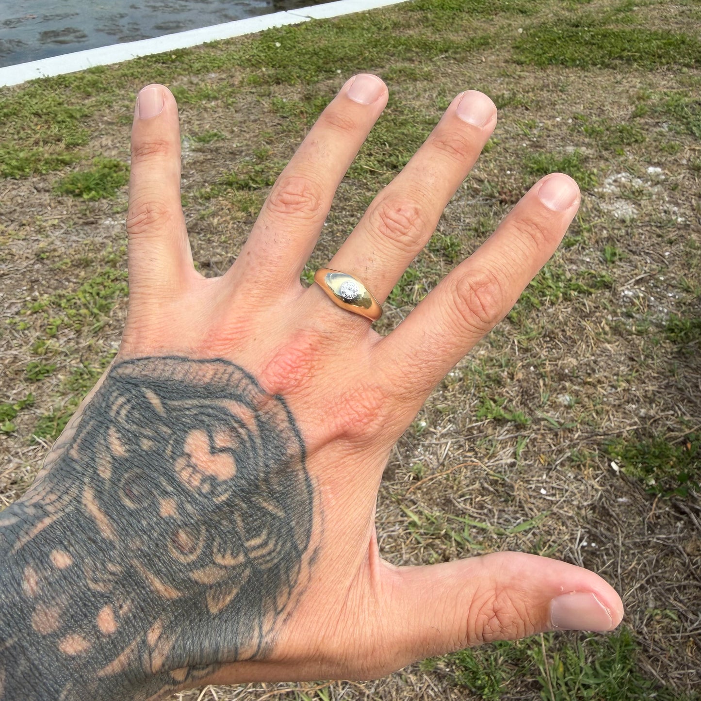 Art Deco Solid 14k Yellow Gold .40ct Natural VS Old Euro Cut Diamond Rub Over Gypsy Ring (8.5)