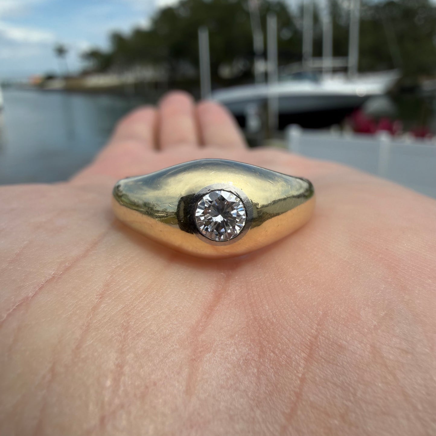 Art Deco Solid 14k Yellow Gold .40ct Natural VS Old Euro Cut Diamond Rub Over Gypsy Ring (8.5)