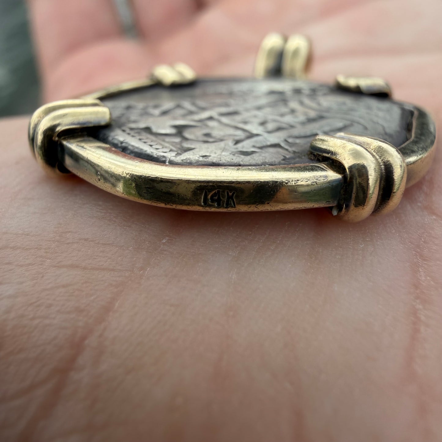 1680 Potosi V Bolivia Silver 2 Reale Coin Vintage Custom 14k Yellow Gold Pendant