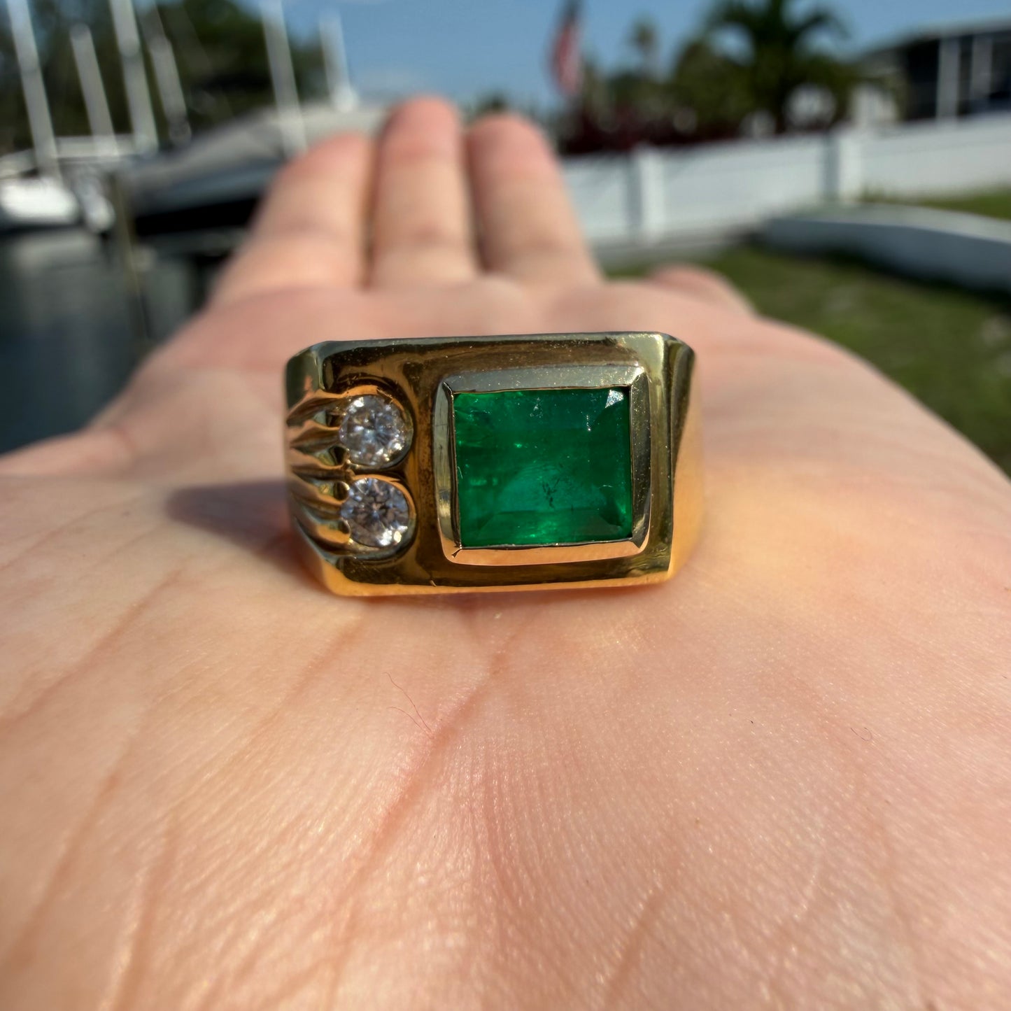1980’s New Old Stock Solid 18k Yellow Gold 1.95ctw Natural Colombian Emerald and VS Diamond Signet Ring (9)