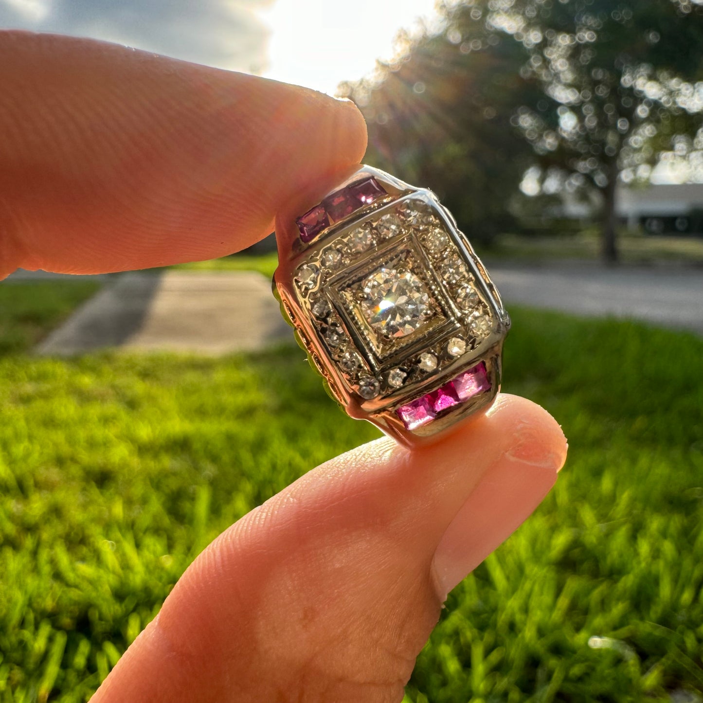Mid Century Natural VS Quality Diamond And Ruby Mafioso Gents Ring (10.5)