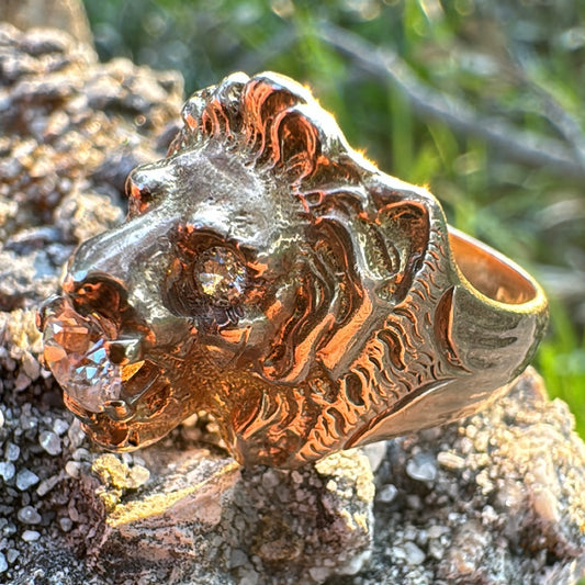 Victorian Era Solid 14k Yellow Gold .50Ct Natural Old Euro Cut Diamond Lion Ring (7.5)