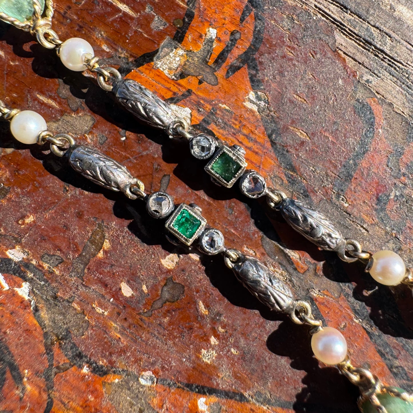 Early 1800’s Georgian Era Solid 18k Yellow Gold Sterling SIlver Rose Cut Diamond Raw Emerald Seed Pearl Bracelet (6.5”)