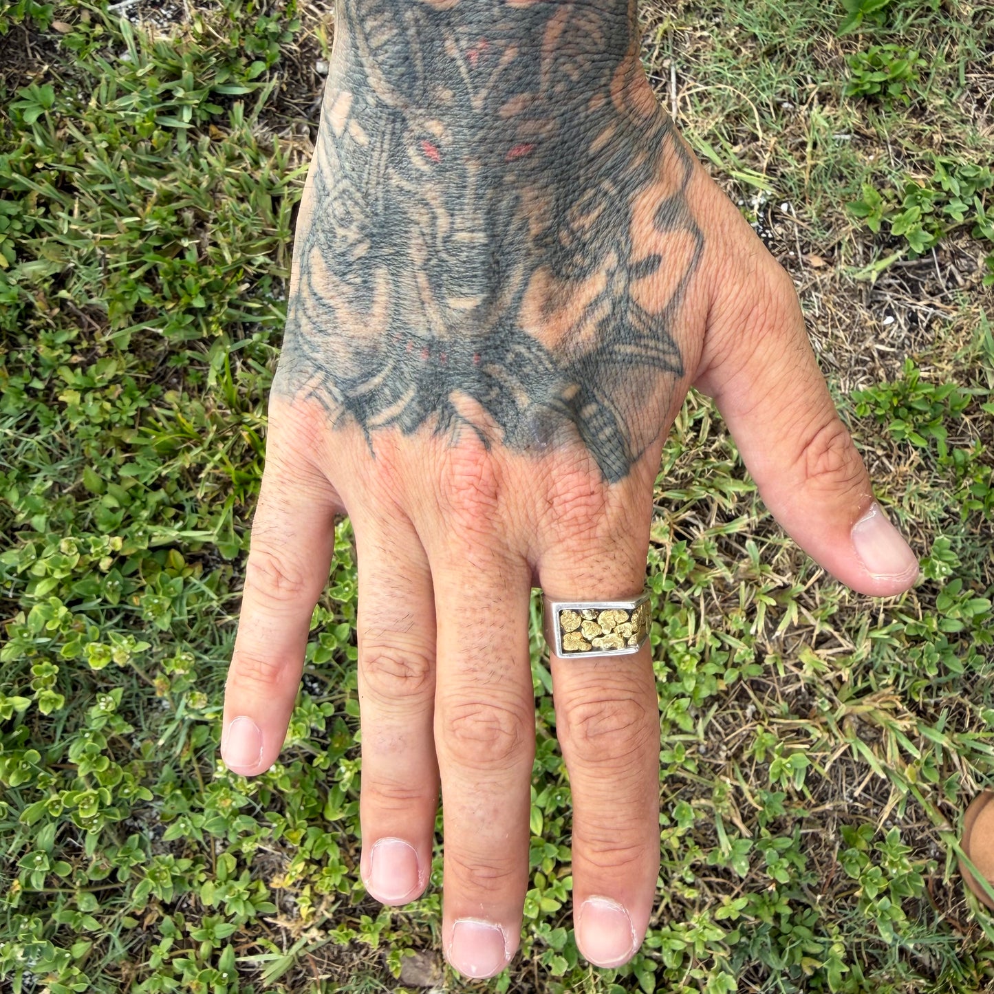 Vintage Solid Sterling Silver 23k Raw Natural Gold Placer Nugget Signet Ring (11)