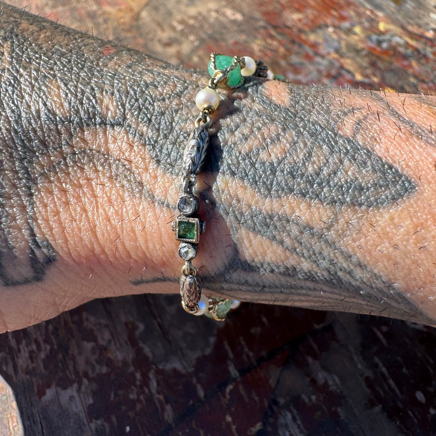 Early 1800’s Georgian Era Solid 18k Yellow Gold Sterling SIlver Rose Cut Diamond Raw Emerald Seed Pearl Bracelet (6.5”)