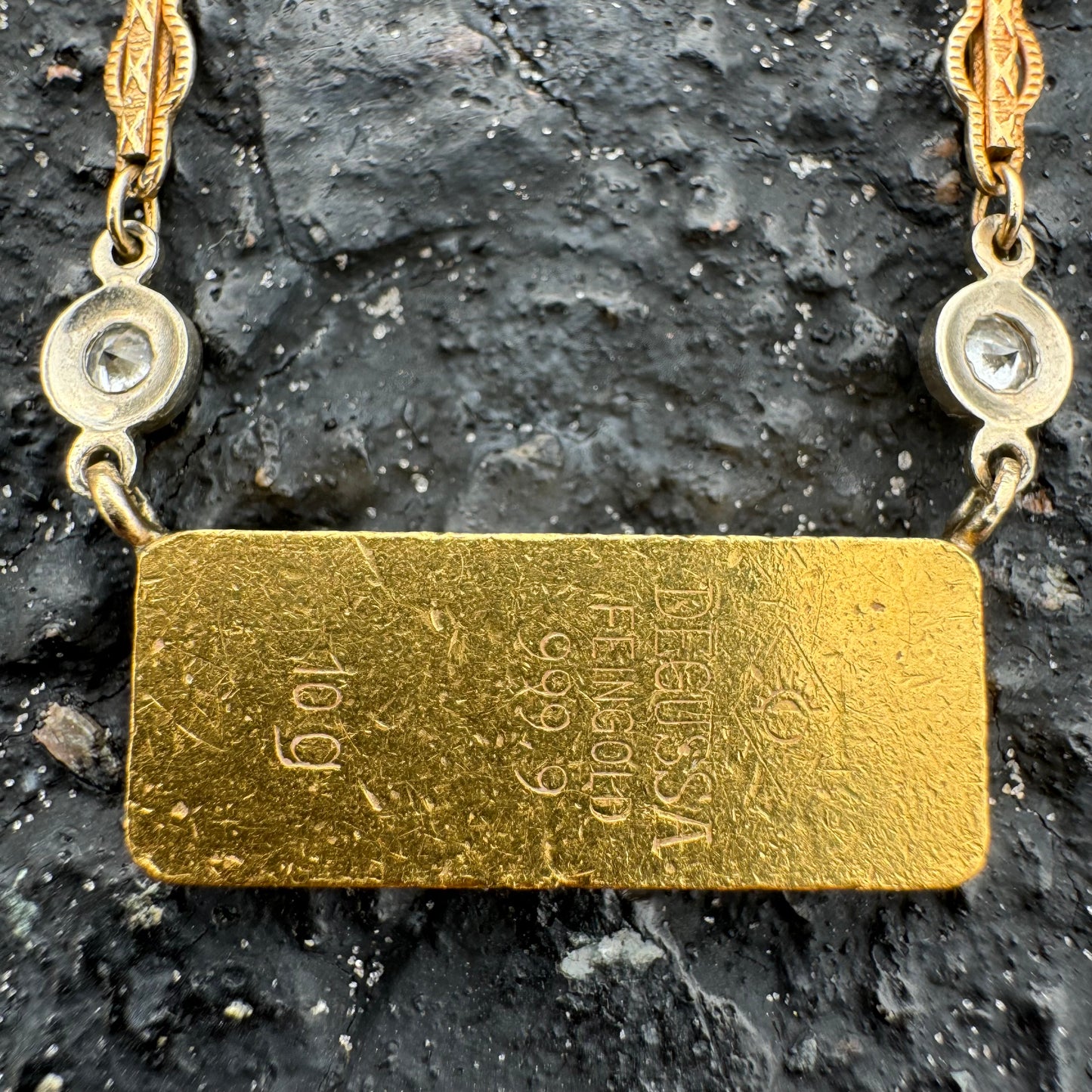 1960’s Degussa Pure 24k Gold 10g Bar .25ctw Diamond Necklace (16”)