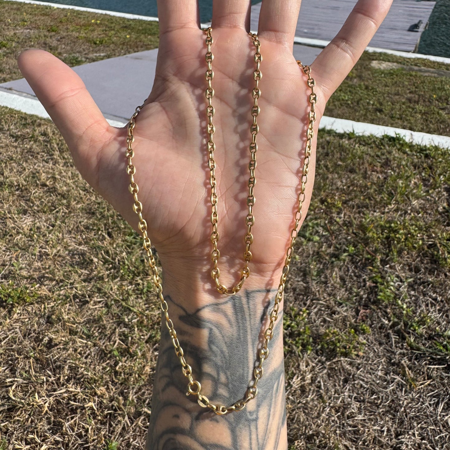Vintage Fully Solid 18k Yellow Gold Puffed Mariner Link Necklace (27.75”)