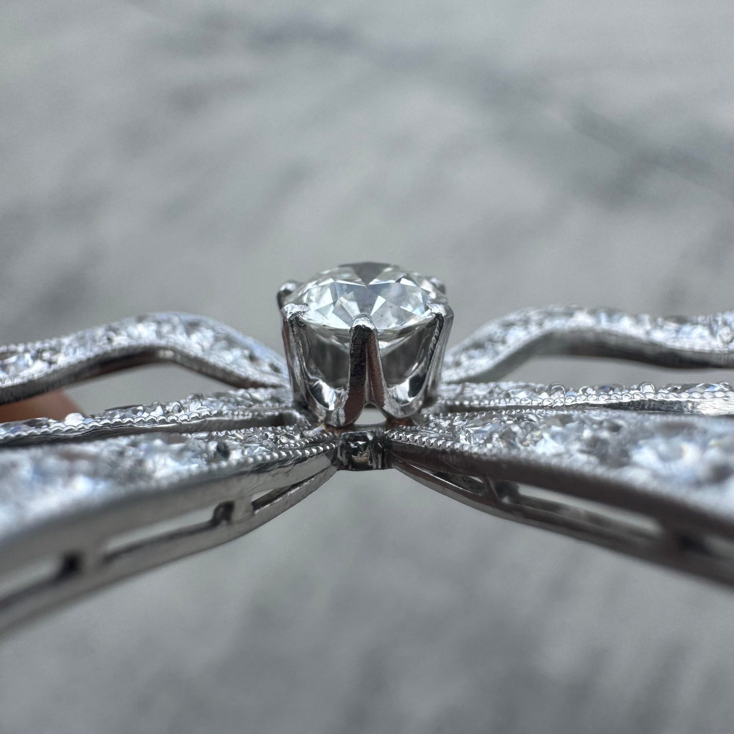 Art Nouveau Solid Platinum 5.25ctw Natural Old Euro Cut Diamond Bow Brooch