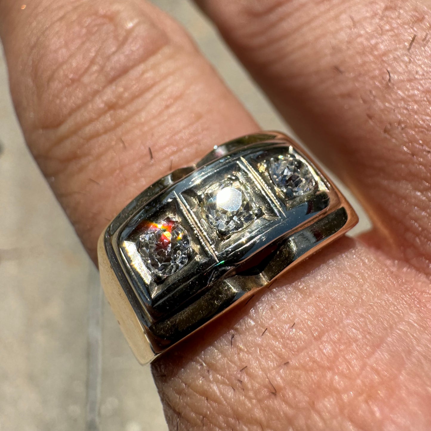 1930’s Art Deco 14k .50CTW Natural VS Quality Euro Cut Diamond Trio Gents Ring (10)