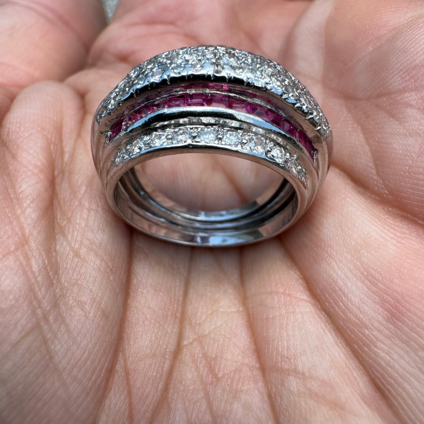 1940’s Retro Era Handcrafted 18k White Gold .73ctw Natural VS Quality Diamond And Princess Cut Ruby Flooded Step Up Ring (5.75)