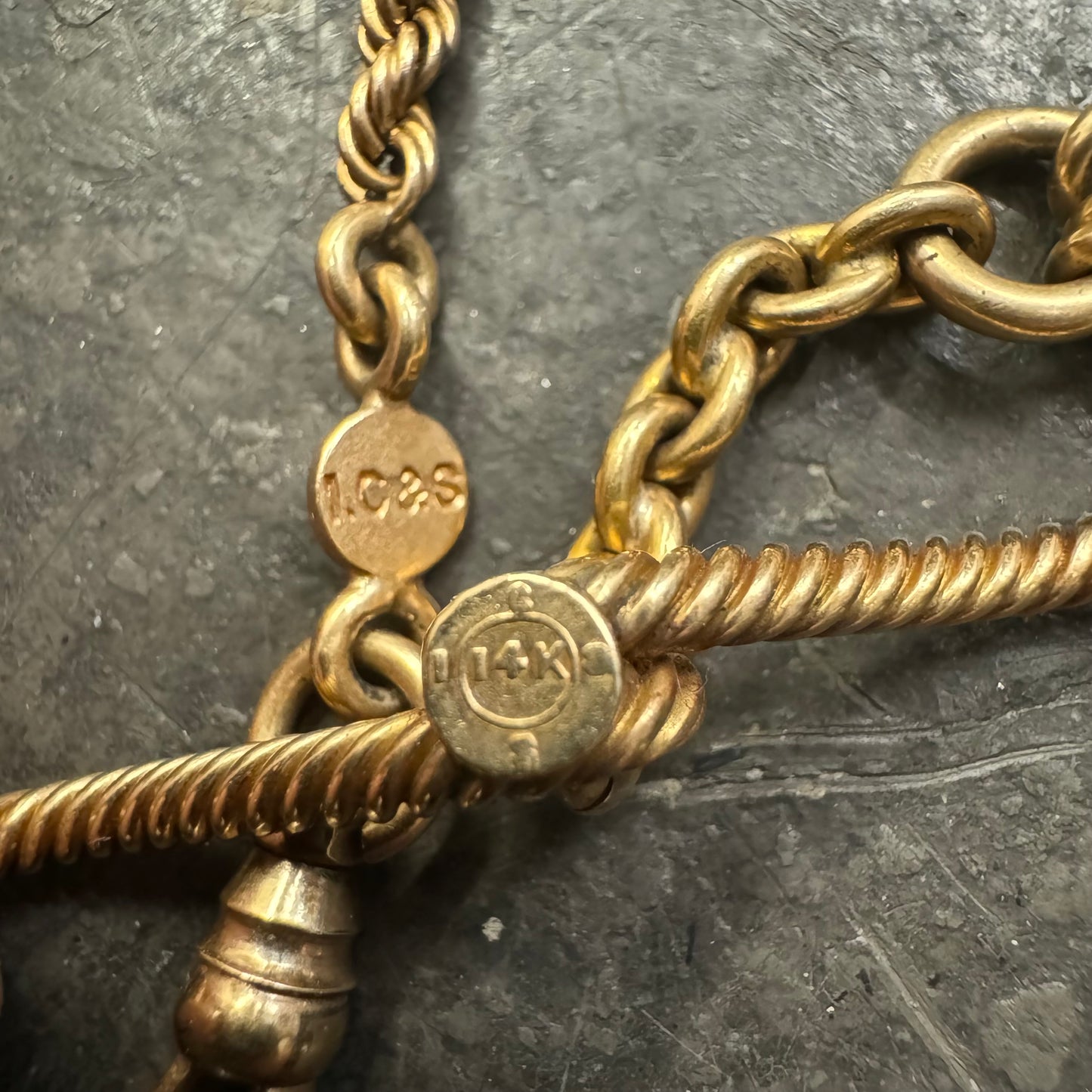 1930’s Art Deco Solid 14k Yellow Gold Double Albert Watch Chain Rope Necklace (21”)
