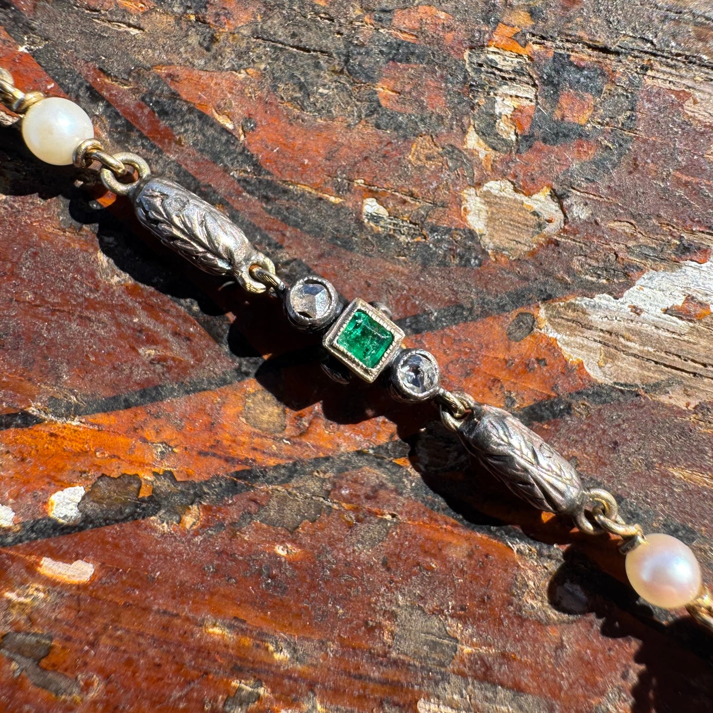 Early 1800’s Georgian Era Solid 18k Yellow Gold Sterling SIlver Rose Cut Diamond Raw Emerald Seed Pearl Bracelet (6.5”)