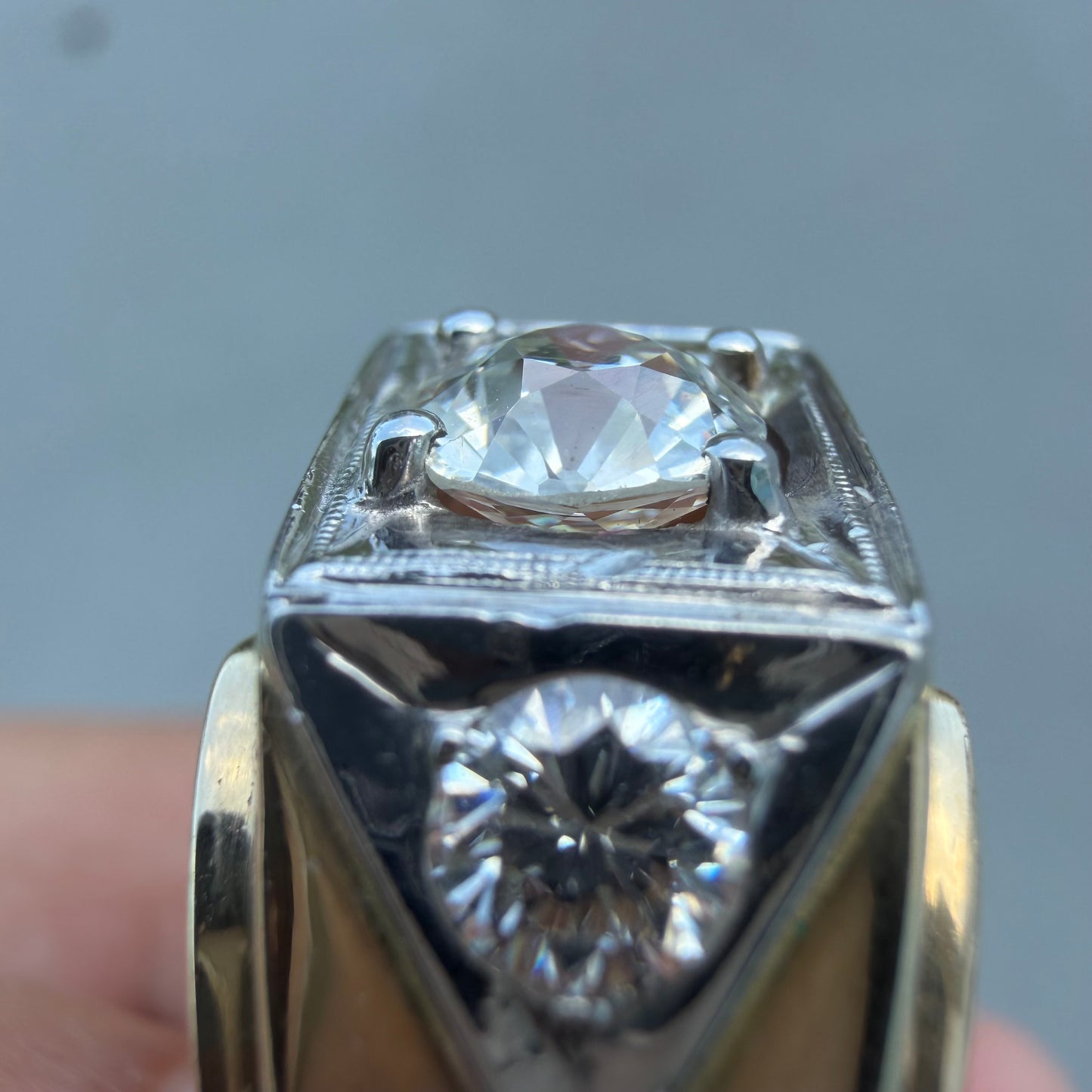 Art Deco Solid 14k Yellow Gold 1.7ctw Natural Old Euro Cut Diamond Trilogy Ring (14)