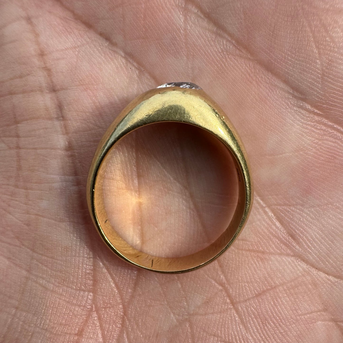 Antique Solid 18k Yellow Gold .91ct Old Euro Cut Diamond “Rub Over” Gypsy Ring (9.5)