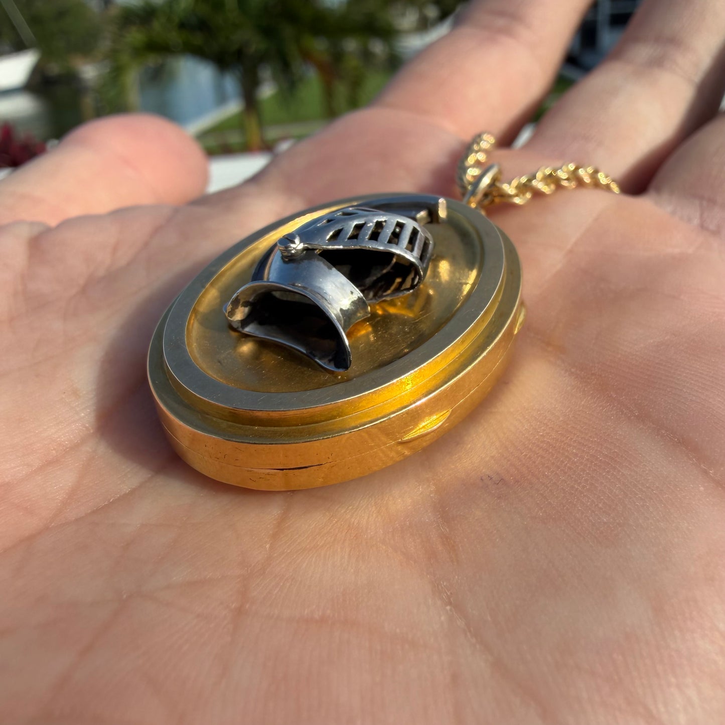 Victorian Solid 18k Yellow Gold/Platinum Large Medieval Burgonet Helmet Locket Pendant