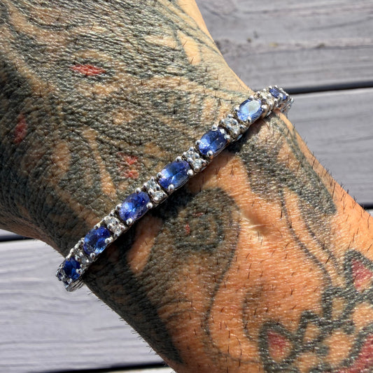 Vintage Solid 14k White Gold 11.0ctw Natural Tanzanite And Diamond Tennis Bracelet (7.15”)