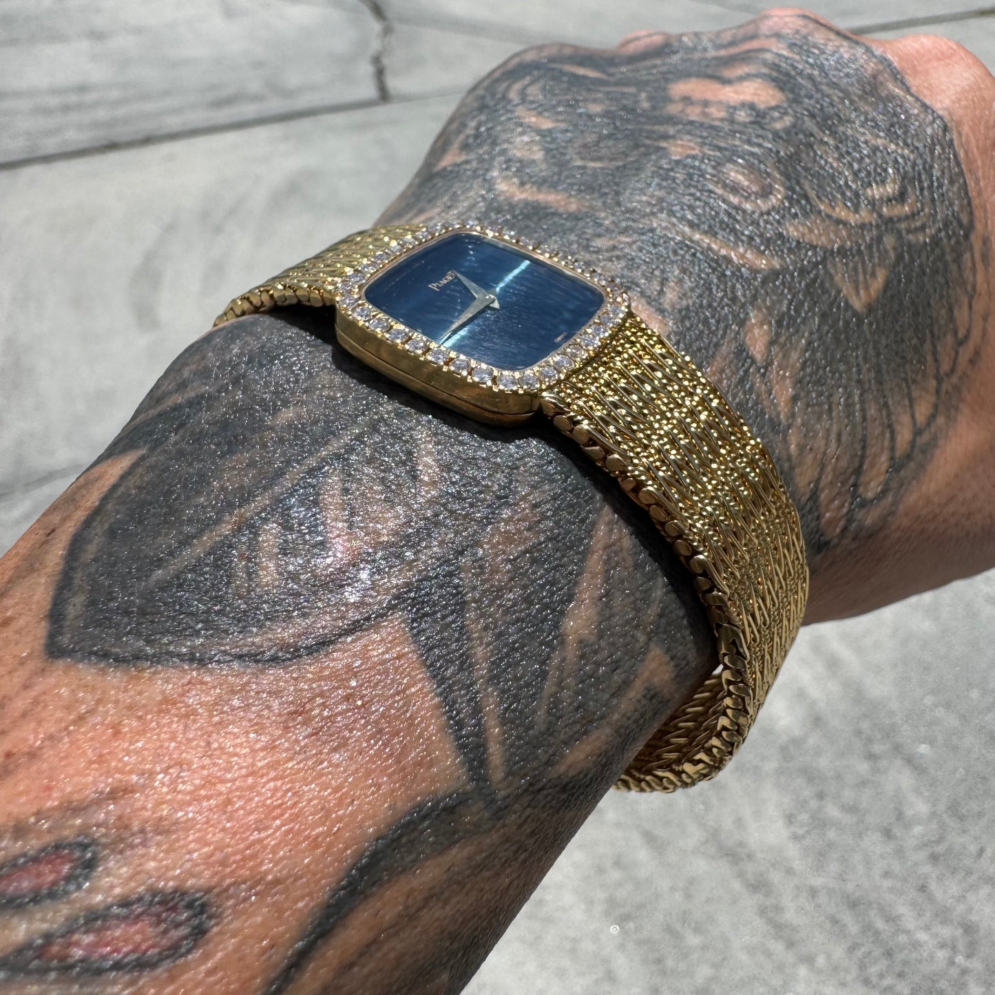 Late 1970’s/Early 1980’s Piaget Solid 18k Yellow Gold Factory Diamond Bezel Falcons Eye Stone Dial 9908 D11 Watch (7.5”)