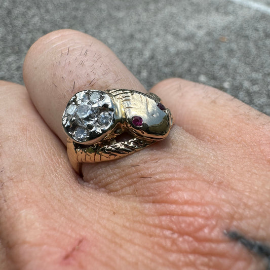 Mid-Century 10k Yellow Gold .45CTW Old Euro Cut Natural Diamond Cluster Snake Ring (8)
