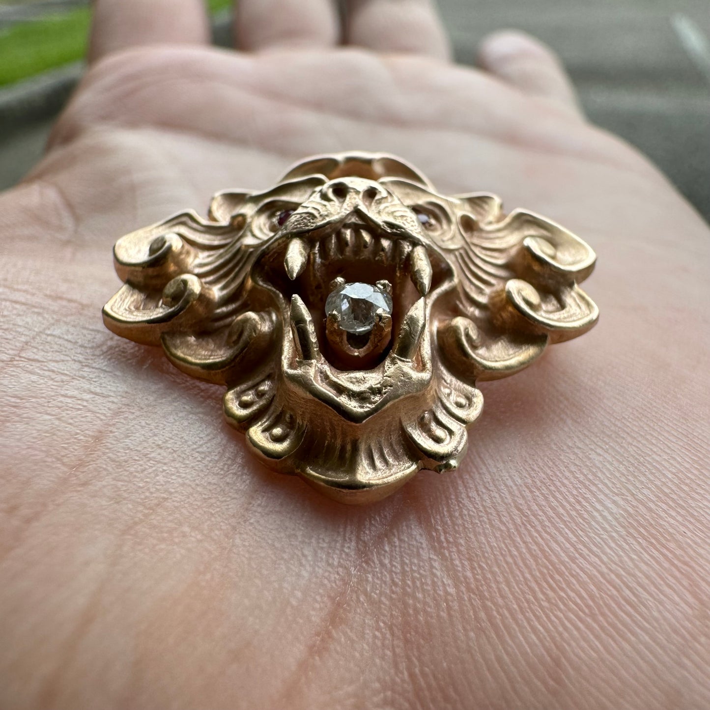 Art Nouveau 1910’s 10k Gold Mythical Beast .10Ct Old Euro Cut Diamond Pendant/Brooch