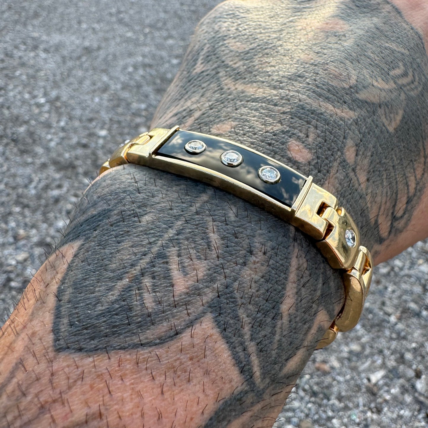 1980’s Solid 14k Yellow Gold 1.0ctw Natural Diamond Black Onyx Heavyweight Bracelet (7.5”)