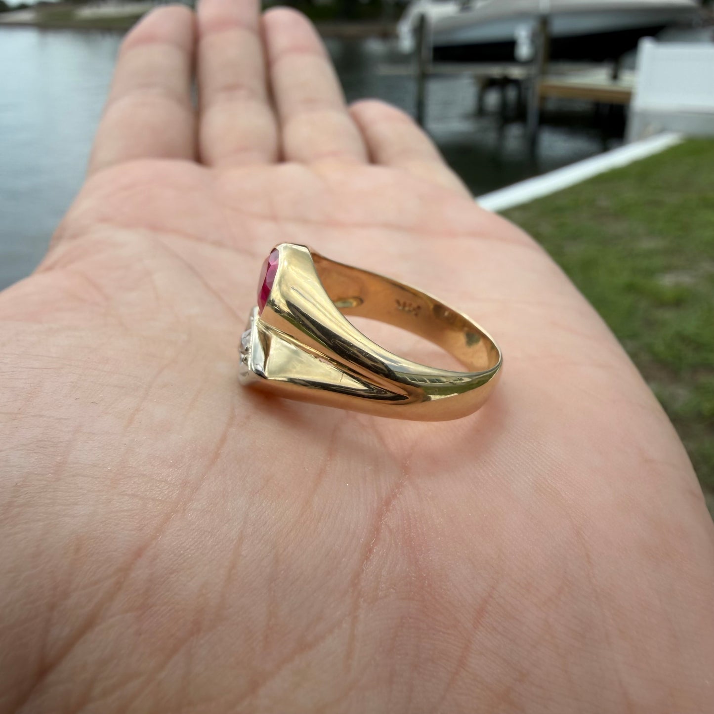 Vintage Solid 14k Yellow Gold Natural Old Euro Cut Diamond Pink Spinel Tony Soprano Pinky Ring (10)