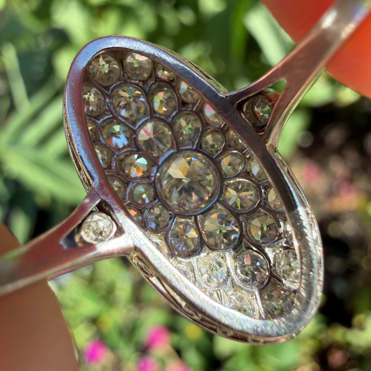 Victorian Solid Platinum 2.25ctw Natural Old Mine Cut Diamond Cluster Oval Navette Ring (7.5)