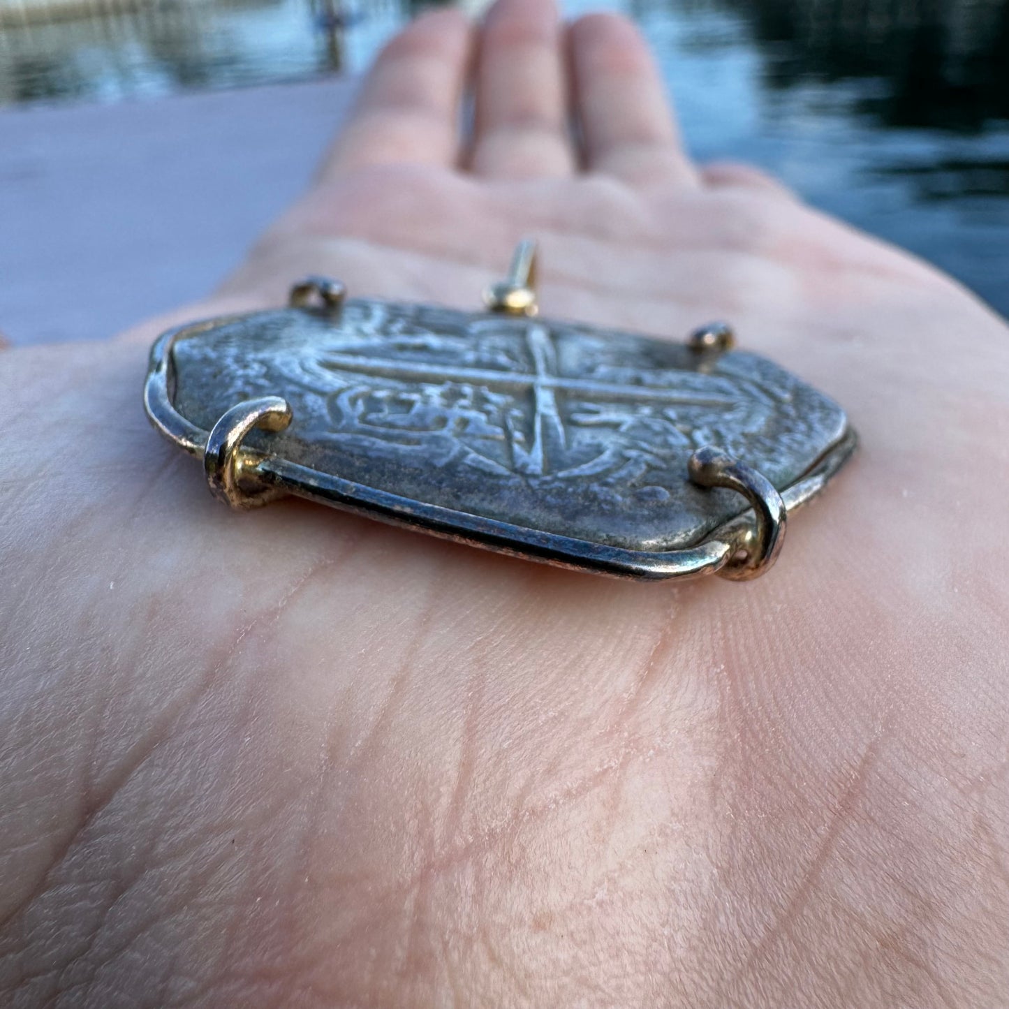 1600’s Philip III Silver 8 Reales Shipwreck Coin 14k Yellow Gold Pendant