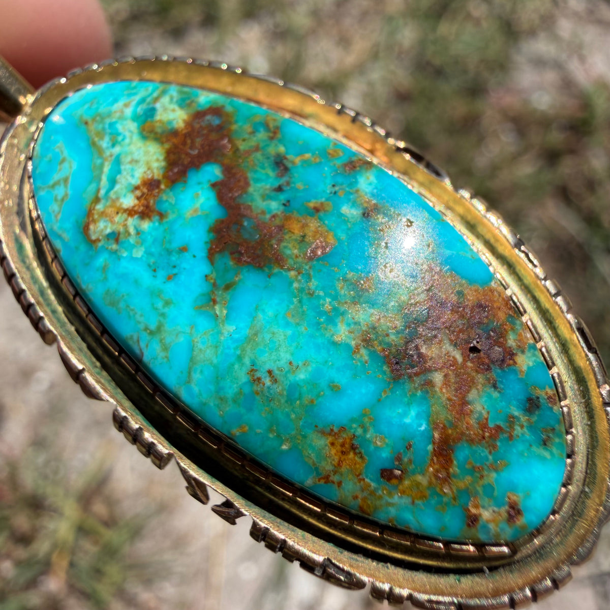 Vintage Solid 14k Yellow Gold Large “Pilot Mountain” Turquoise Pendant Navajo Artist Signed Leonard Nez