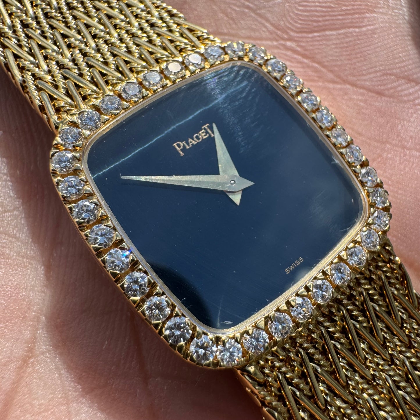 Late 1970’s/Early 1980’s Piaget Solid 18k Yellow Gold Factory Diamond Bezel Falcons Eye Stone Dial 9908 D11 Watch (7.5”)