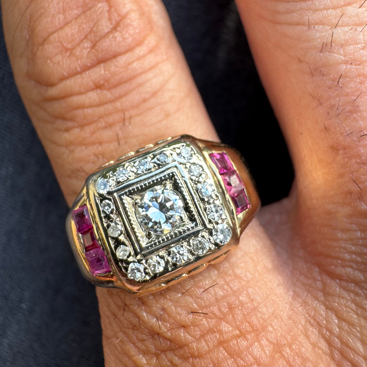 Mid Century Natural VS Quality Diamond And Ruby Mafioso Gents Ring (10.5)