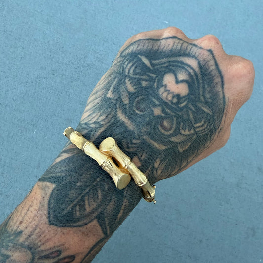Vintage Designer Made Solid 14k Yellow Gold Bypass Bamboo Hinged Bangle Bracelet (5.75”-6.75”)