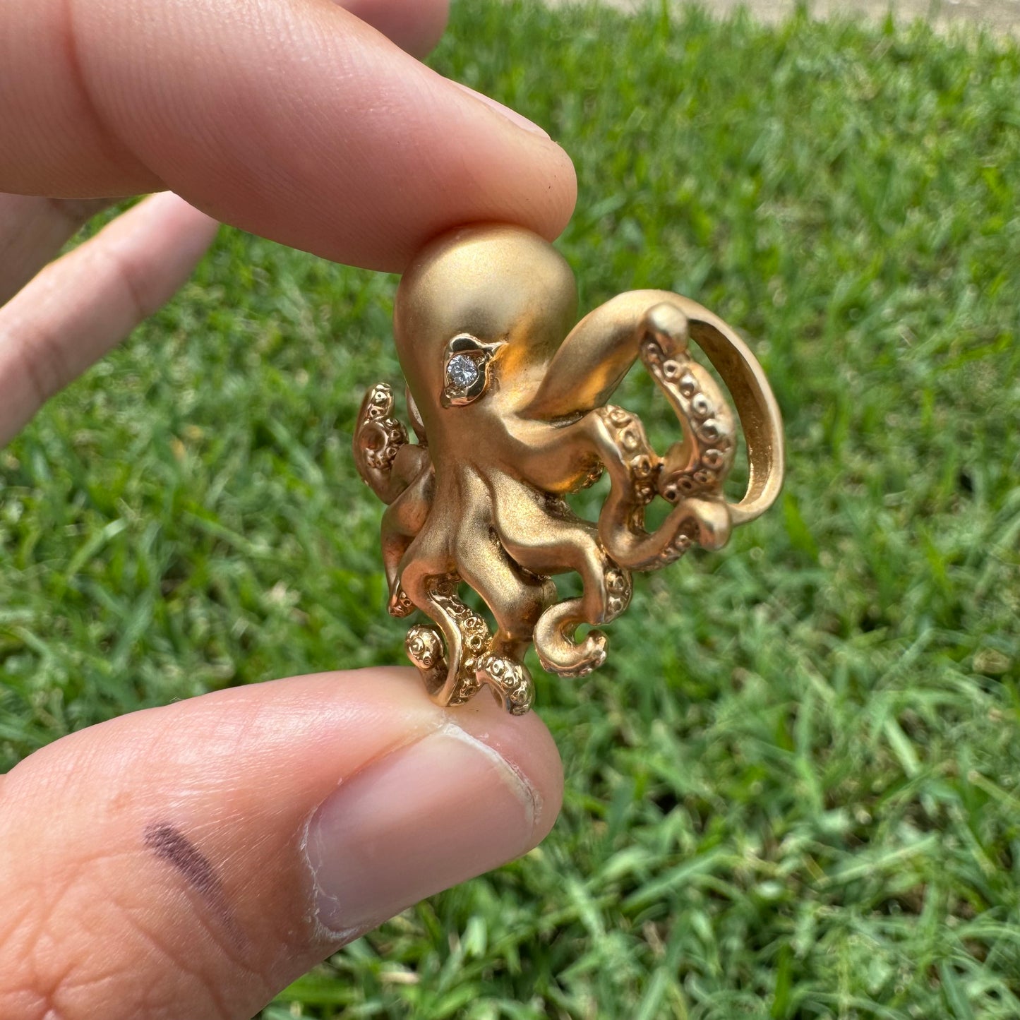 Designer Made Solid 14k Matte Yellow Gold Heavy Lifelike Octopus Pendant