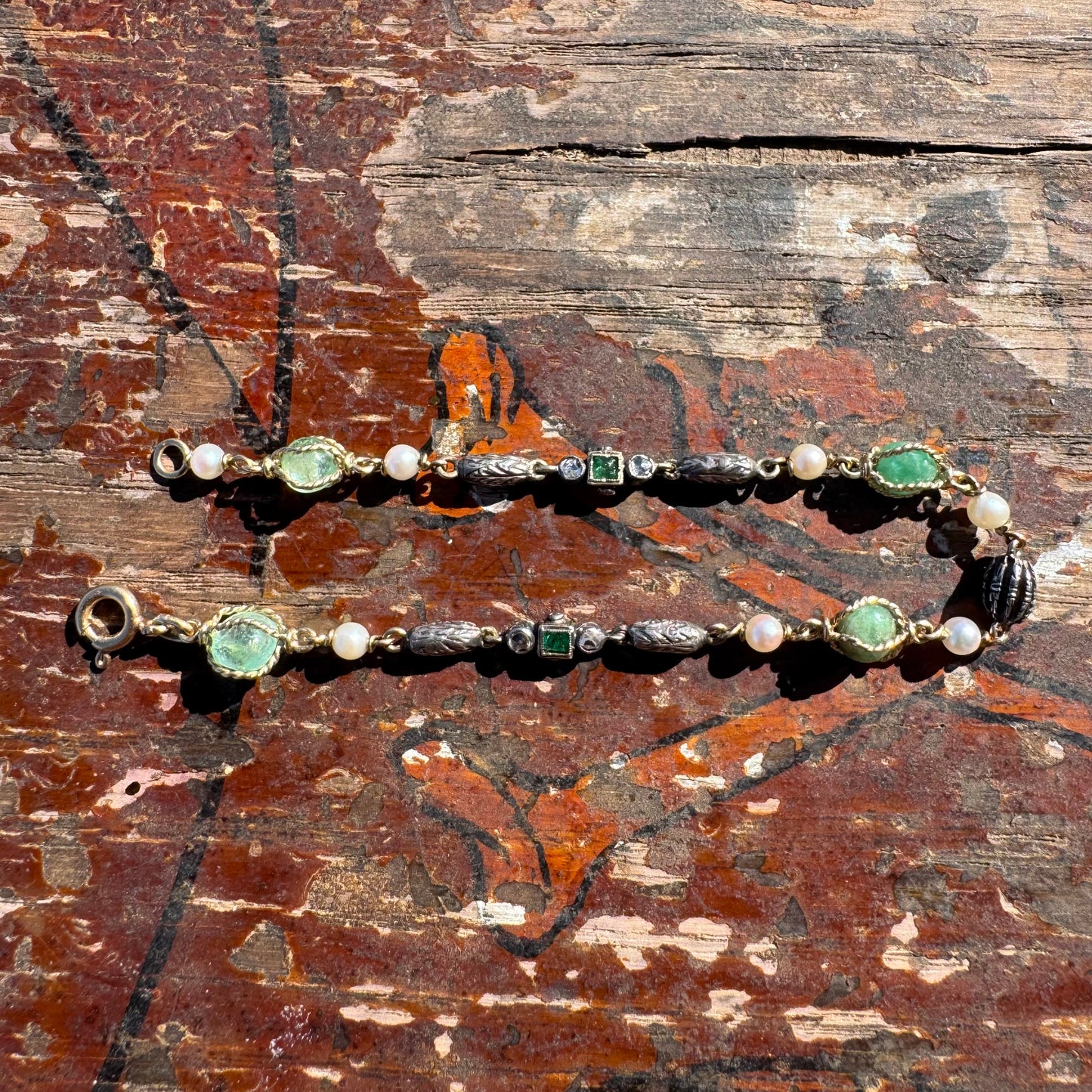 Early 1800’s Georgian Era Solid 18k Yellow Gold Sterling SIlver Rose Cut Diamond Raw Emerald Seed Pearl Bracelet (6.5”)